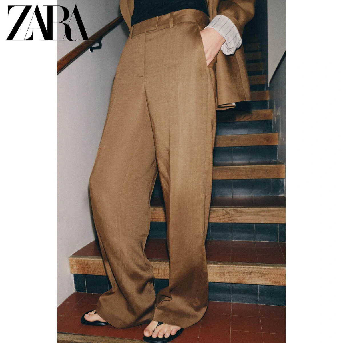 ZARA женские прямые брюки средней посадки льняные 2026 весна-лето картинка