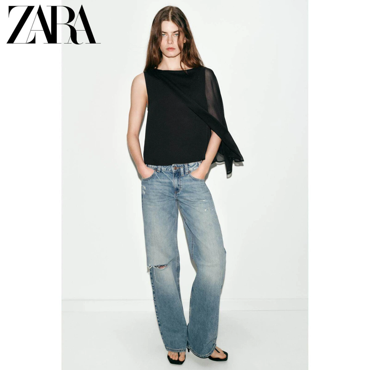 ZARA женская блузка без рукавов с пэчворк-декором чёрная картинка