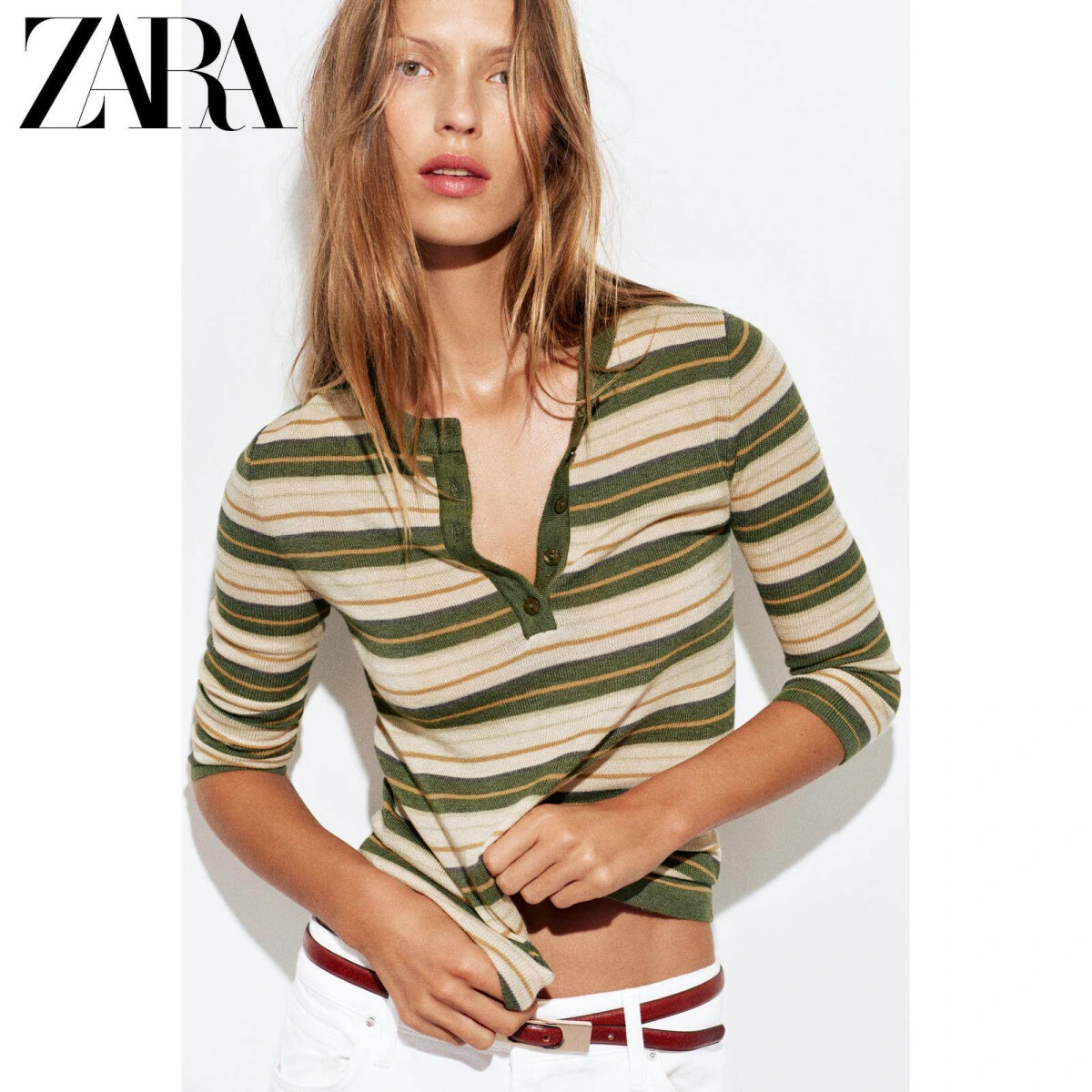 ZARA женский вязаный топ с круглым вырезом и рукавами ¾ в полоску картинка