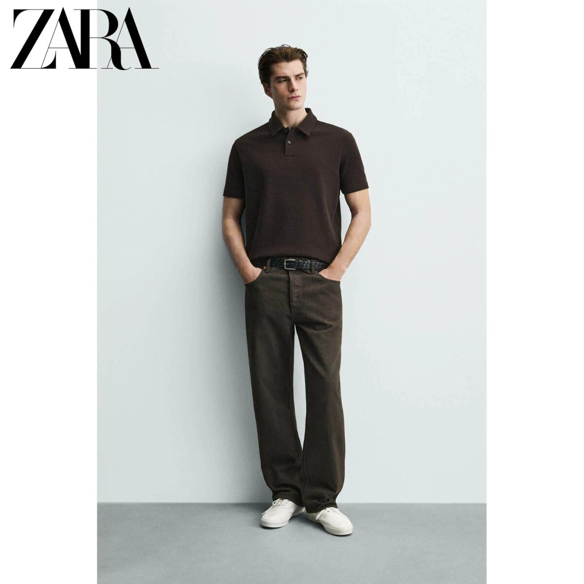 ZARA мужские поло с вафельной текстурой приталенного кроя картинка