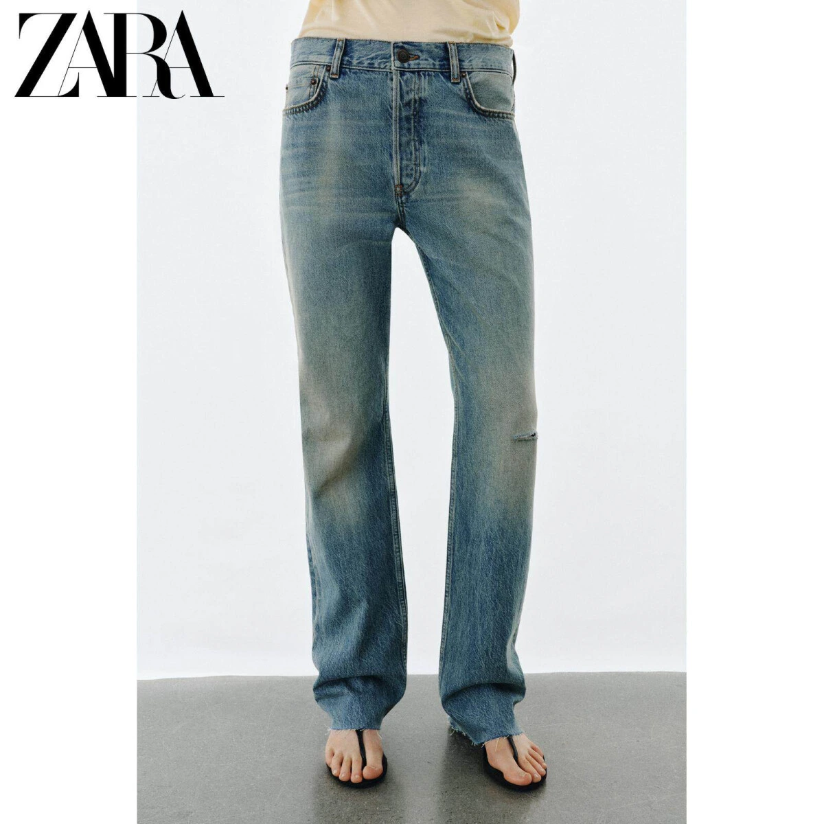ZARA ZW женские джинсы средней посадки с эффектом стирки прямые картинка