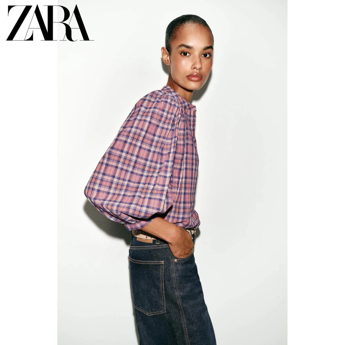 ZARA женская однотонная рубашка с круглым вырезом из 100% хлопка картинка