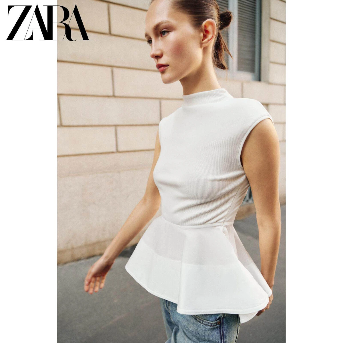 ZARA женский безрукавный топ с полу-высоким воротником и плиссированным низом картинка