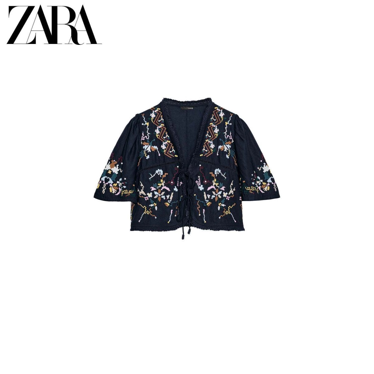 ZARA женская рубашка с V-вырезом и цветочной вышивкой из лайоселя картинка