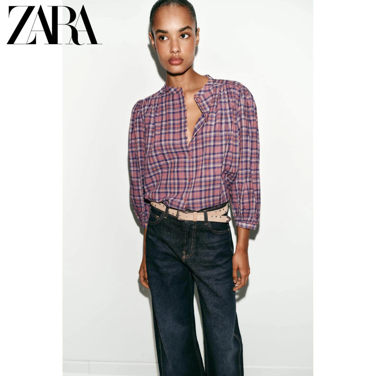 ZARA женская однотонная рубашка с круглым вырезом из 100% хлопка картинка