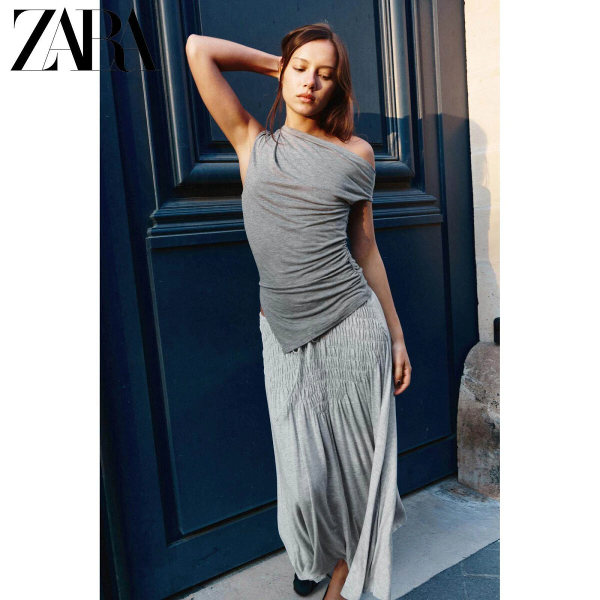 ZARA женский асимметричный топ без рукавов со складками серый картинка