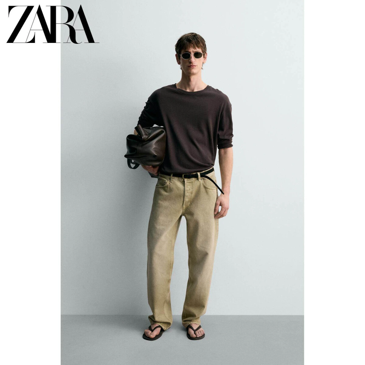 ZARA мужская свободная футболка из хлопка и льна с длинным рукавом в коричневом цвете картинка
