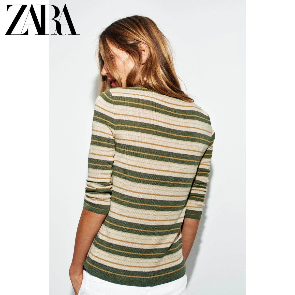 ZARA женский вязаный топ с круглым вырезом и рукавами ¾ в полоску картинка