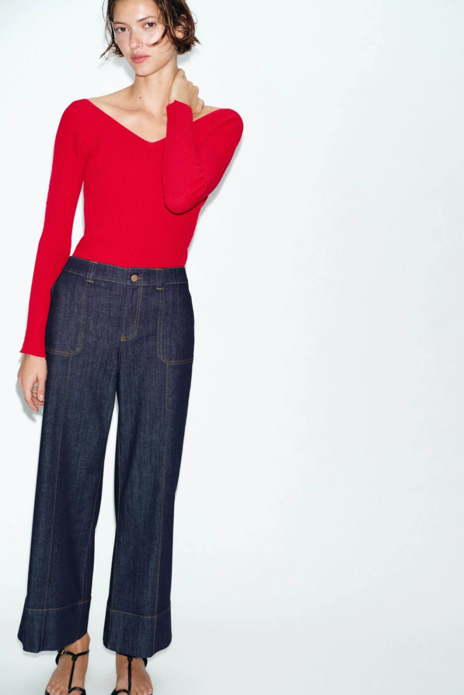 ZARA Z1975 женские средние свободные джинсы широкие с хлопком и эластаном картинка