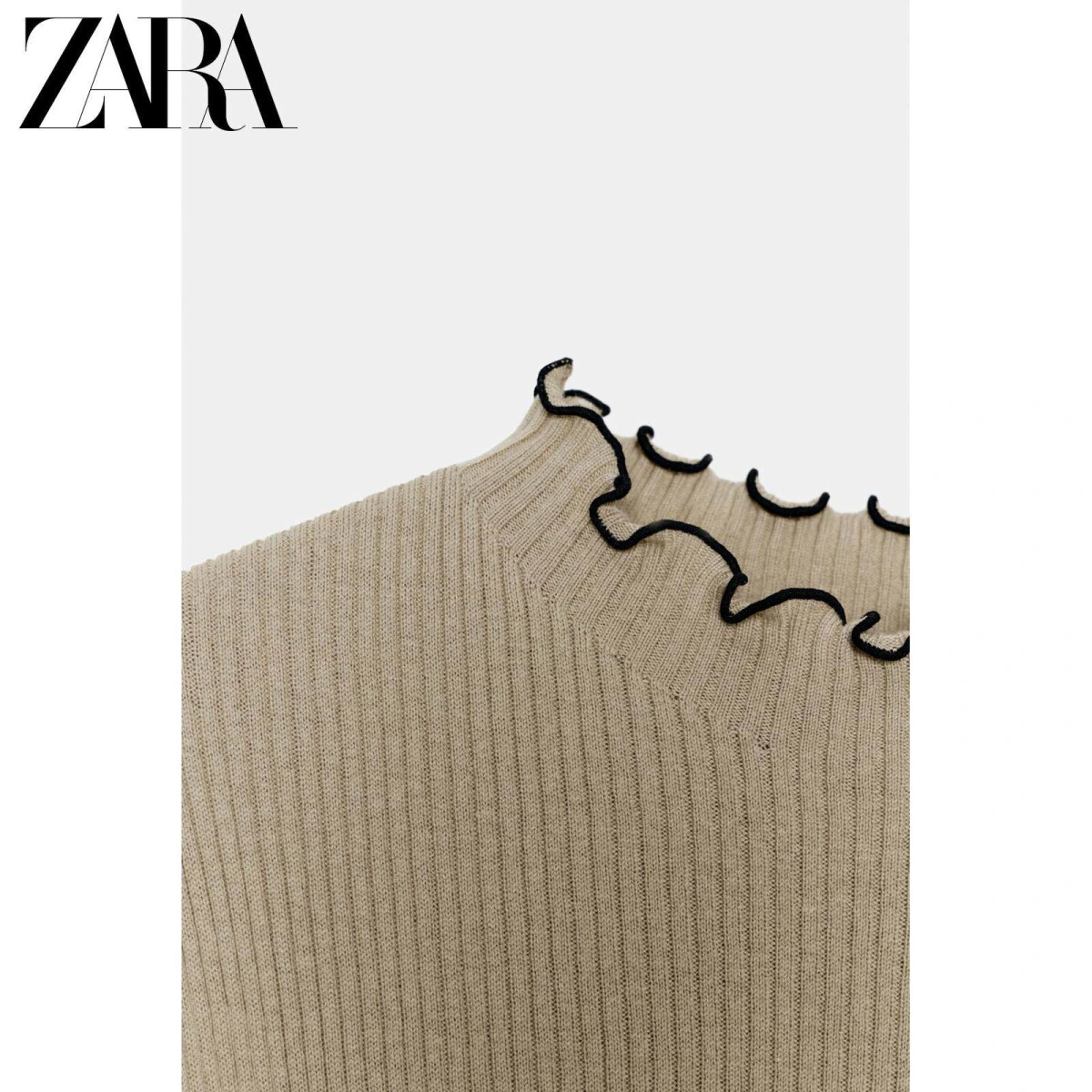 ZARA женский вязаный топ однотонный с круглым вырезом бежевый картинка