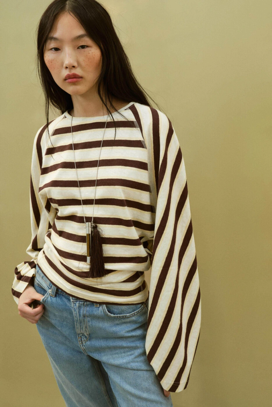 ZARA женская футболка длинный рукав хлопок-лен полосатая картинка