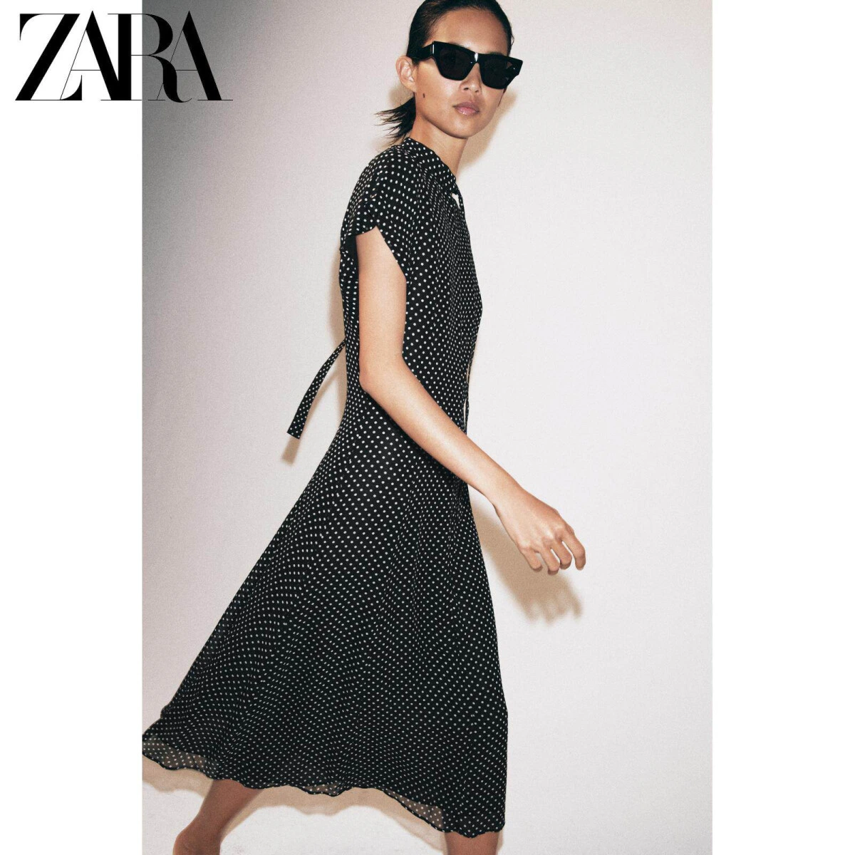 ZARA женское платье миди с коротким рукавом и круглым вырезом в горох картинка