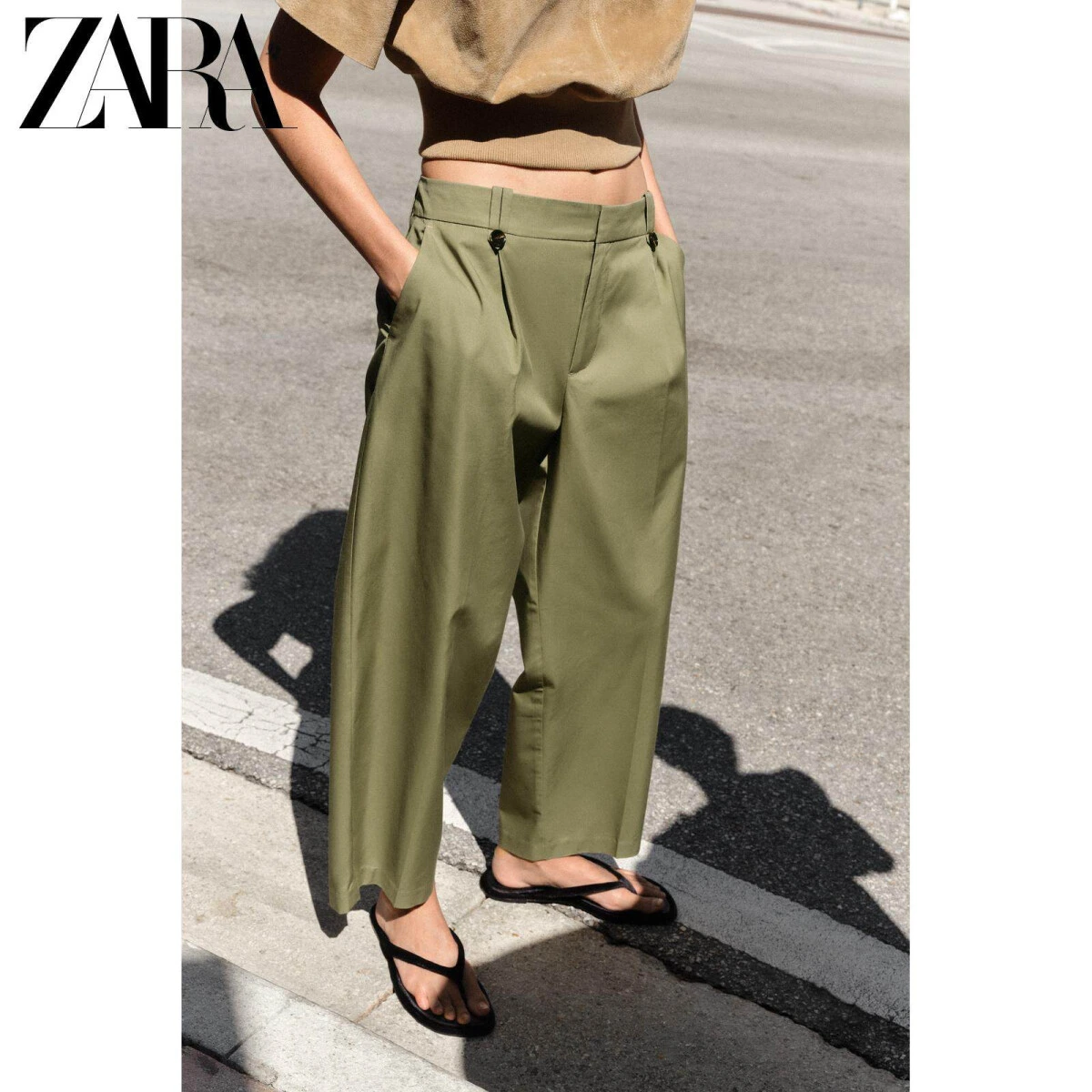 ZARA женские прямые брюки средней посадки хаки из хлопка и модала картинка