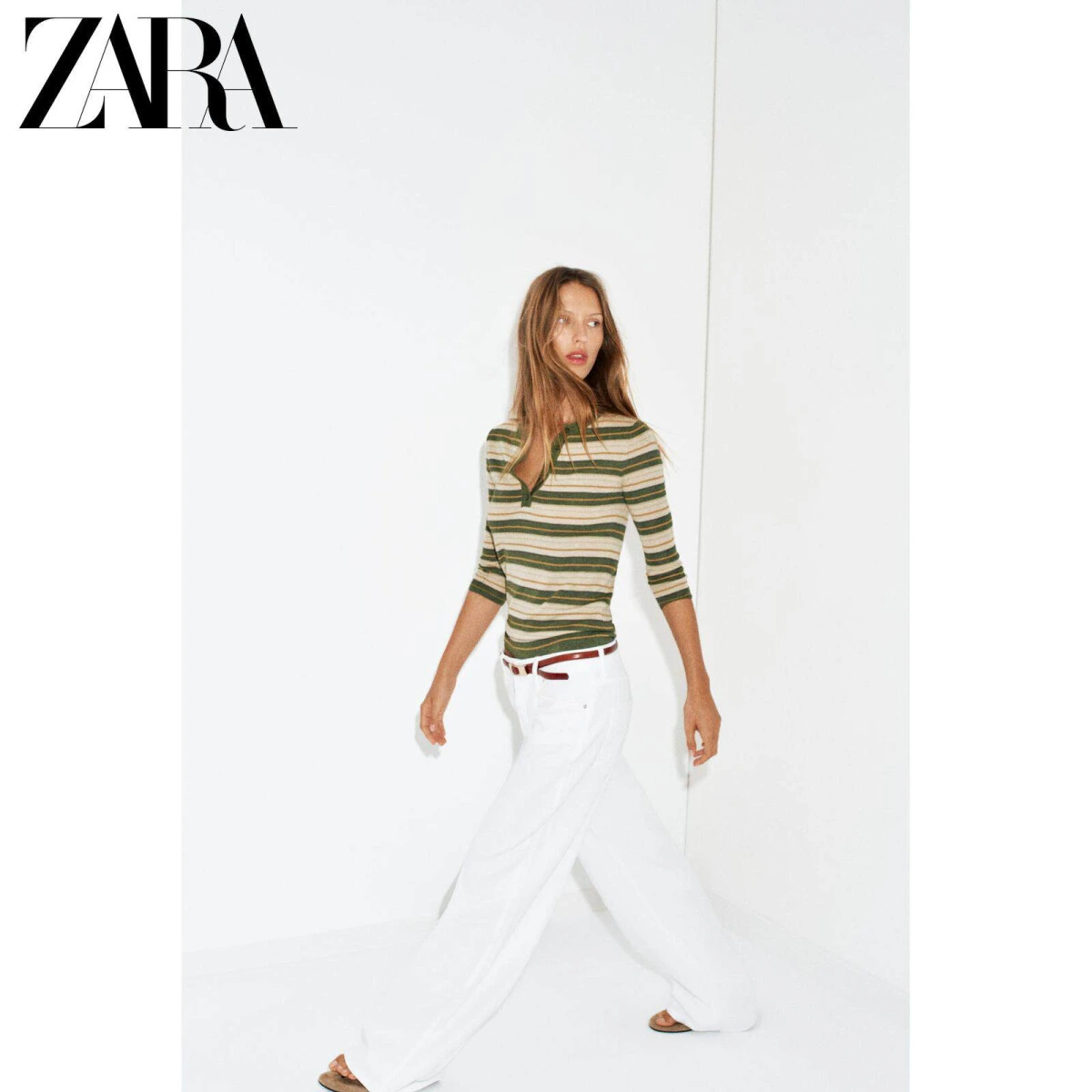 ZARA женский вязаный топ с круглым вырезом и рукавами ¾ в полоску картинка