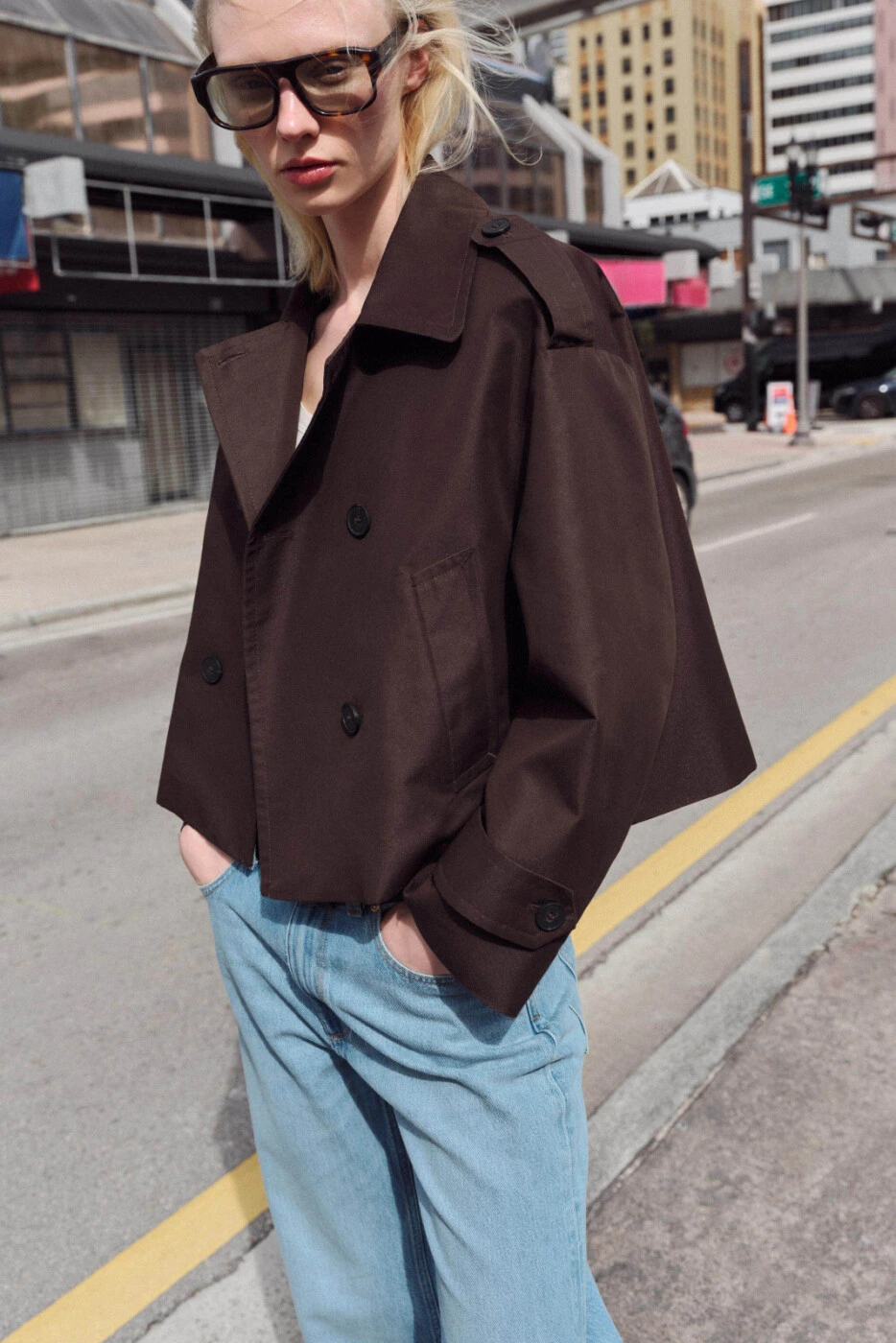 ZARA женский короткий тренч с длинным рукавом и отложным воротником картинка