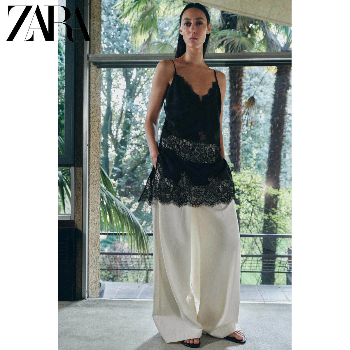 ZARA женский длинный топ на бретелях с V-вырезом и леяром черный картинка