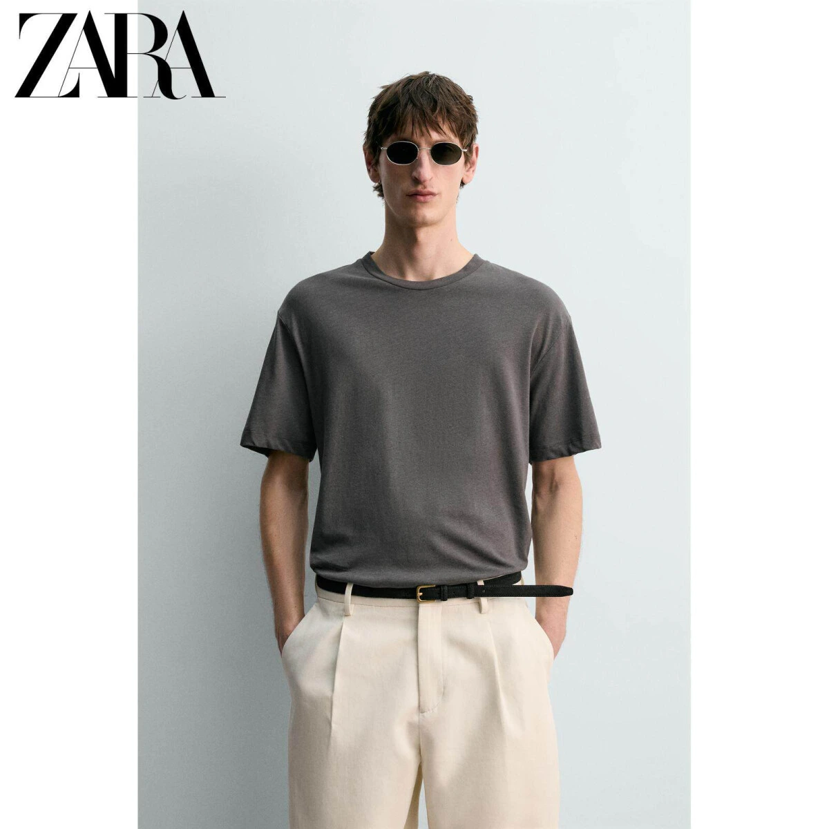 ZARA мужские футболки свободного кроя из хлопка и льна в чёрном цвете картинка