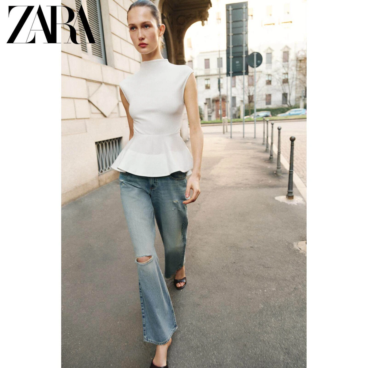 ZARA женский безрукавный топ с полу-высоким воротником и плиссированным низом картинка