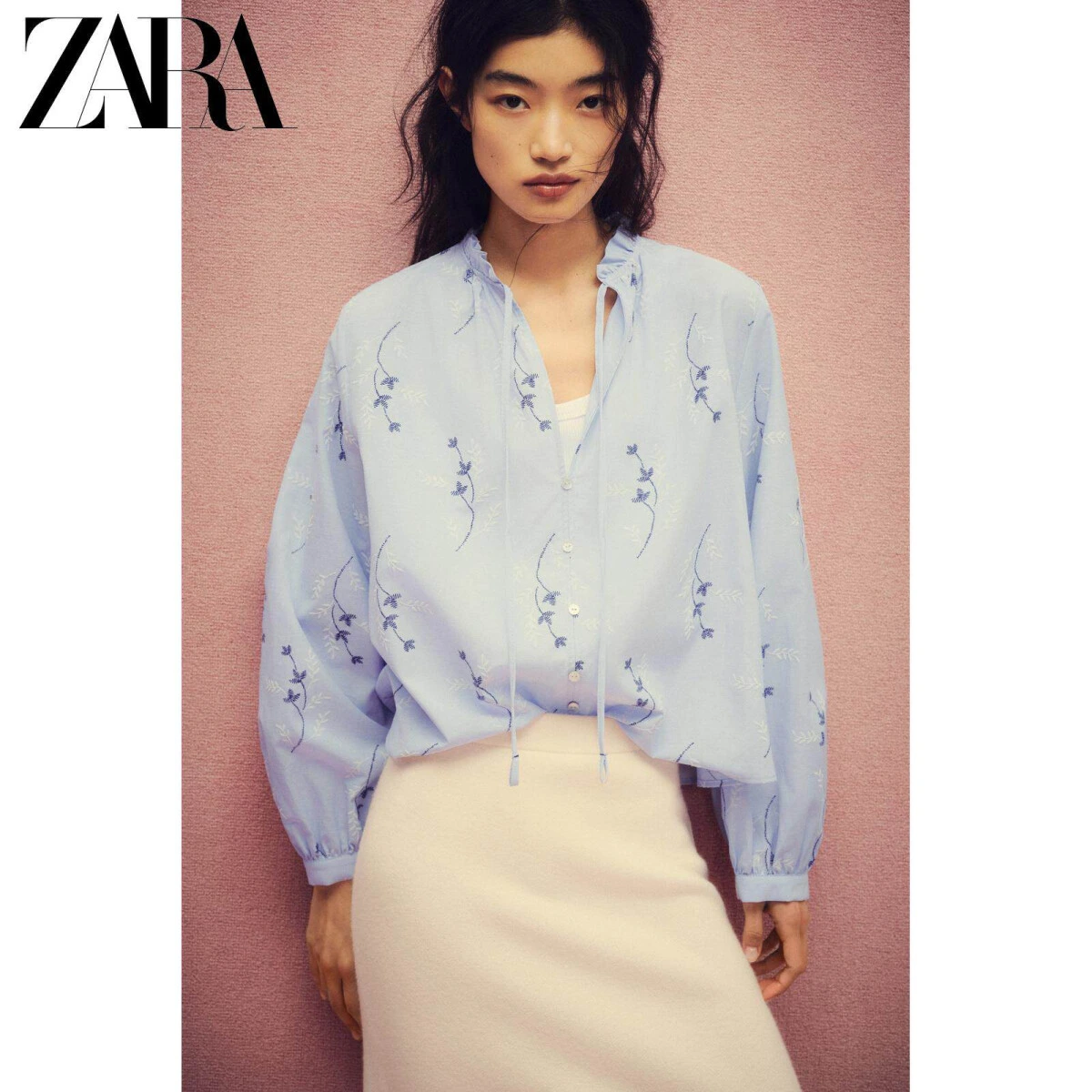 ZARA женская блузка с вышитым принтом и круглым вырезом картинка