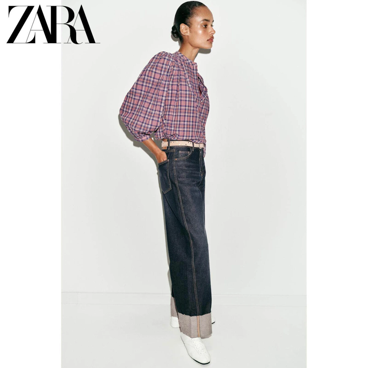 ZARA женская однотонная рубашка с круглым вырезом из 100% хлопка картинка