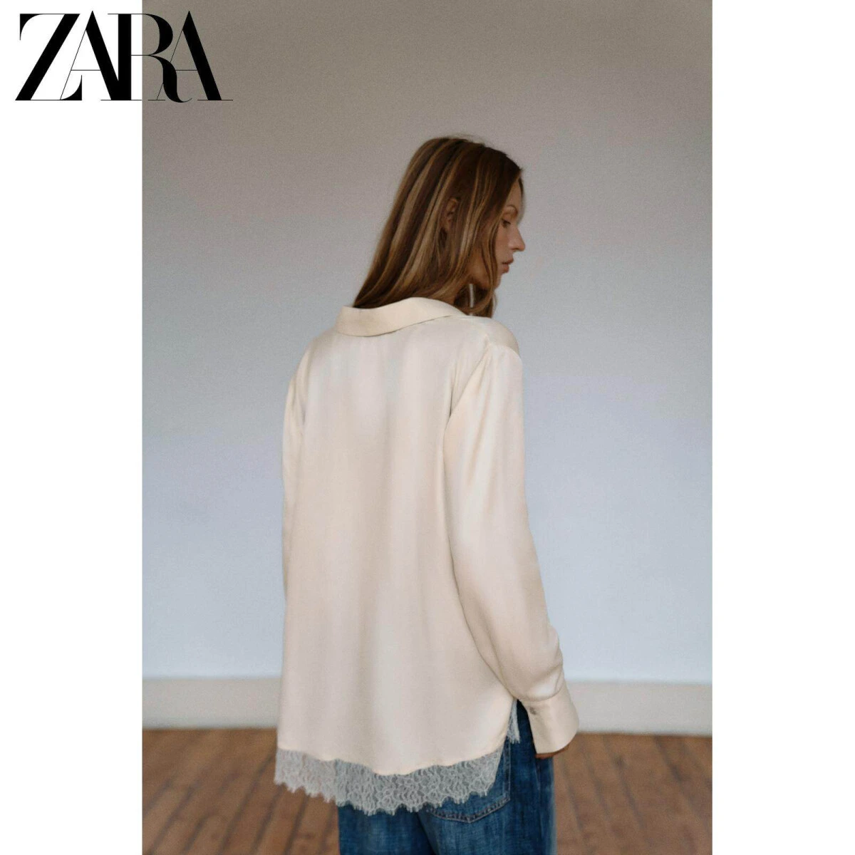 ZARA женская рубашка с кружевной отделкой сатиновая белая картинка