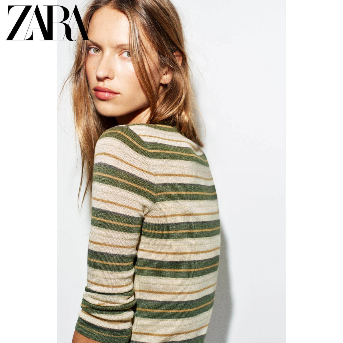 ZARA женский вязаный топ с круглым вырезом и рукавами ¾ в полоску картинка