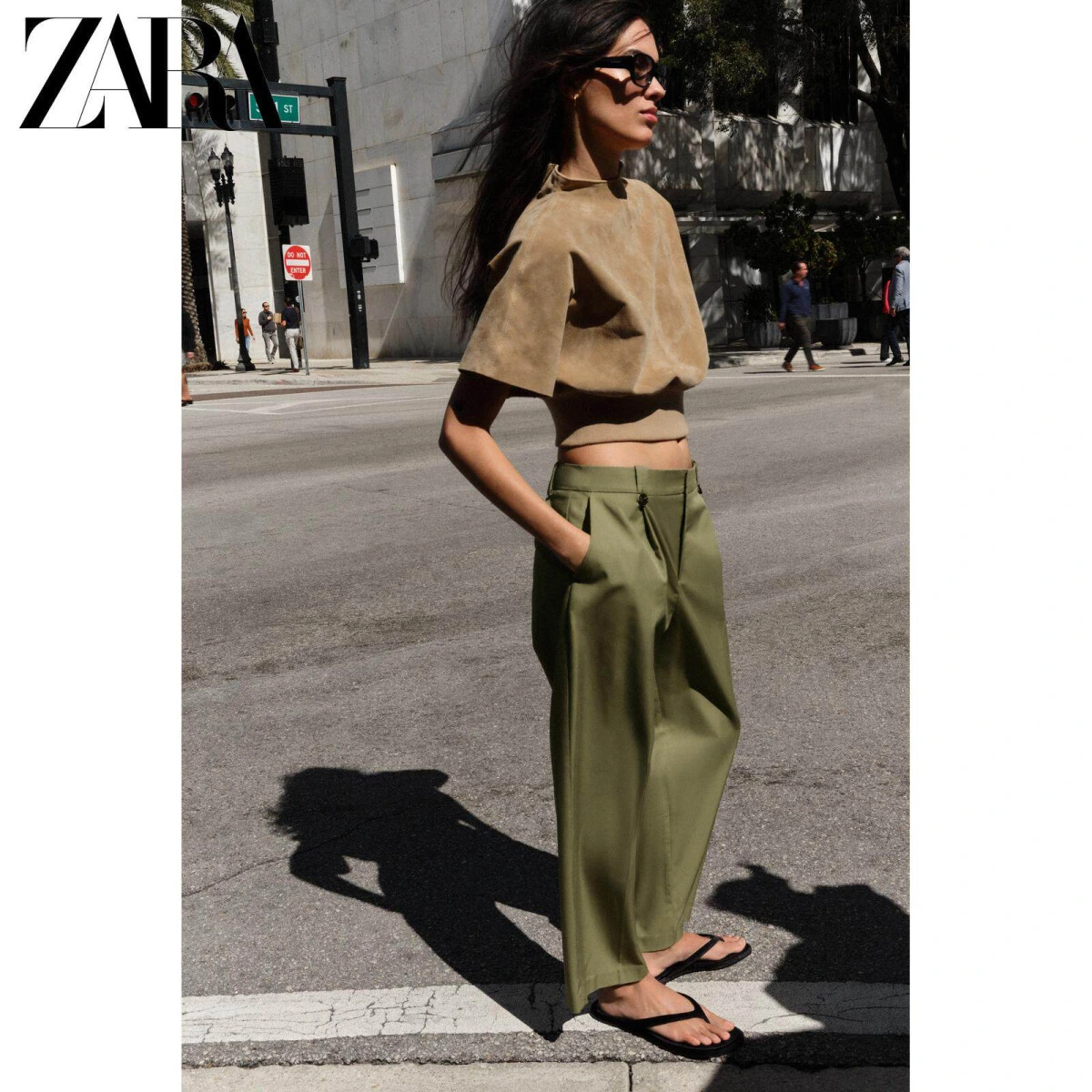 ZARA женские прямые брюки средней посадки хаки из хлопка и модала картинка