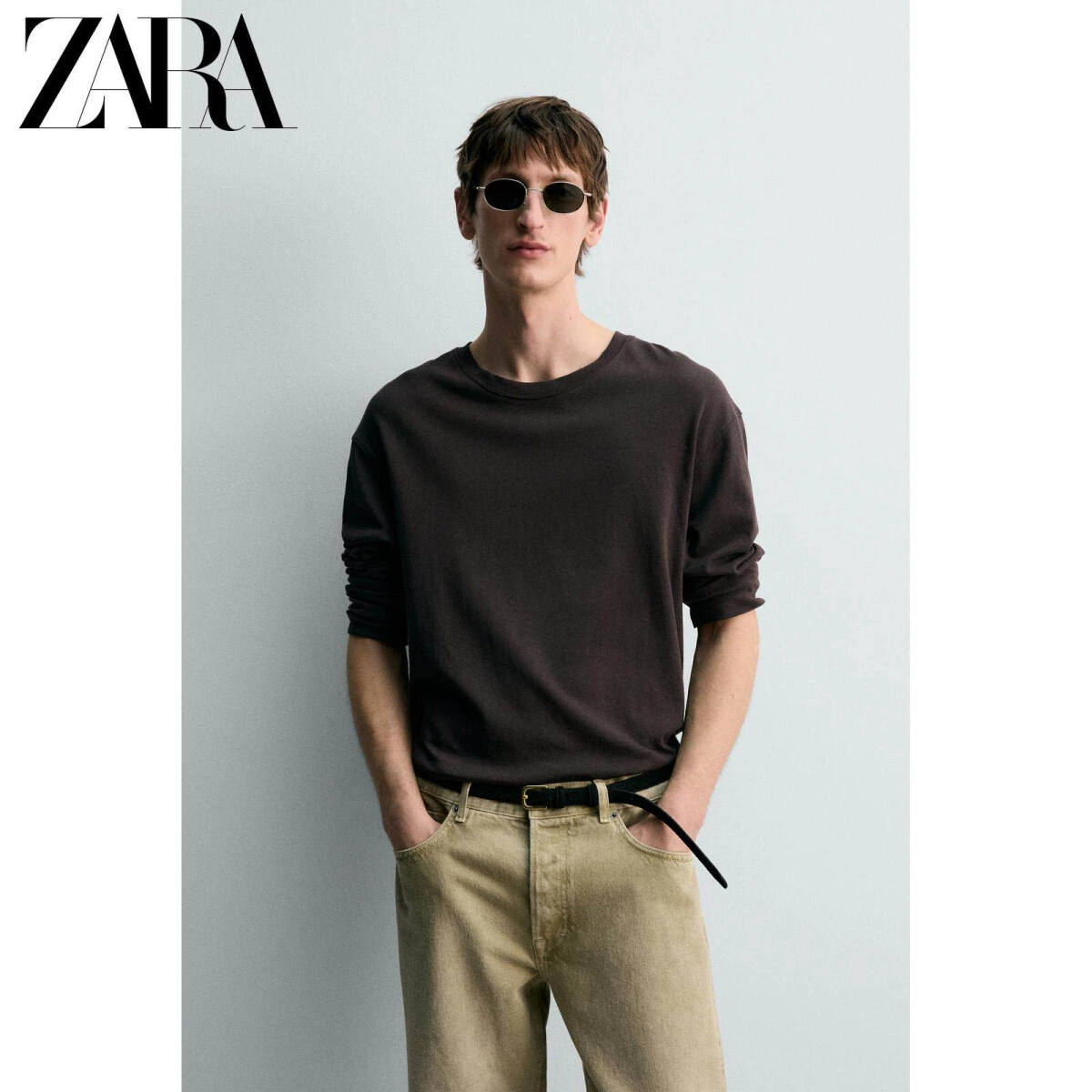ZARA мужская свободная футболка из хлопка и льна с длинным рукавом в коричневом цвете картинка