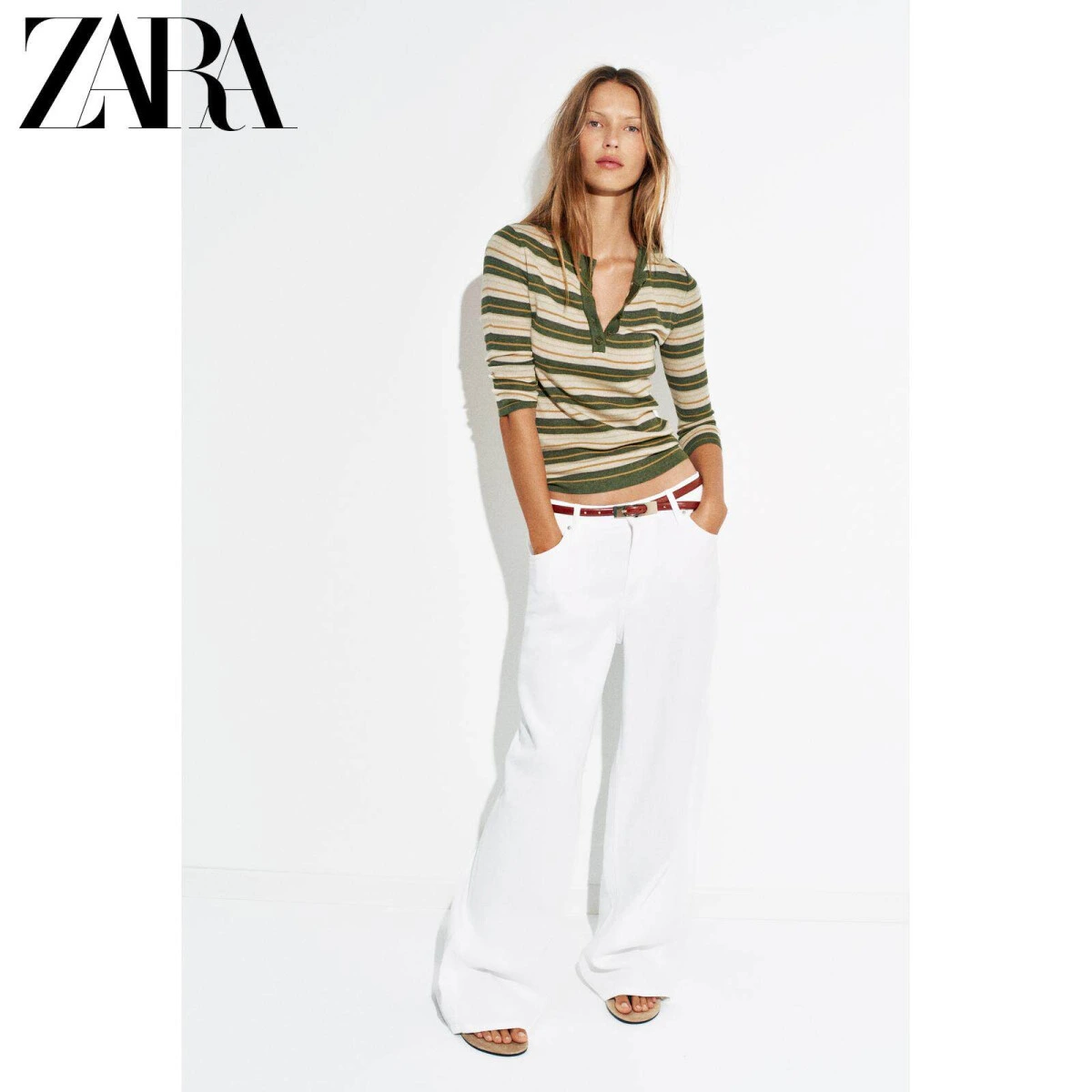 ZARA женский вязаный топ с круглым вырезом и рукавами ¾ в полоску картинка