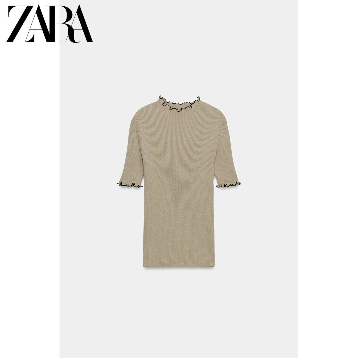 ZARA женский вязаный топ однотонный с круглым вырезом бежевый картинка