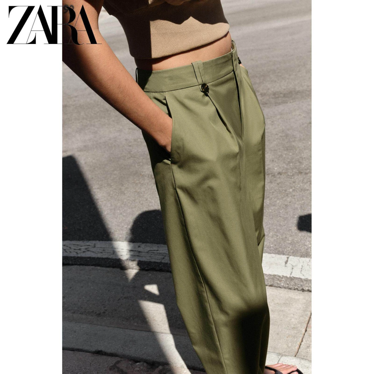 ZARA женские прямые брюки средней посадки хаки из хлопка и модала картинка