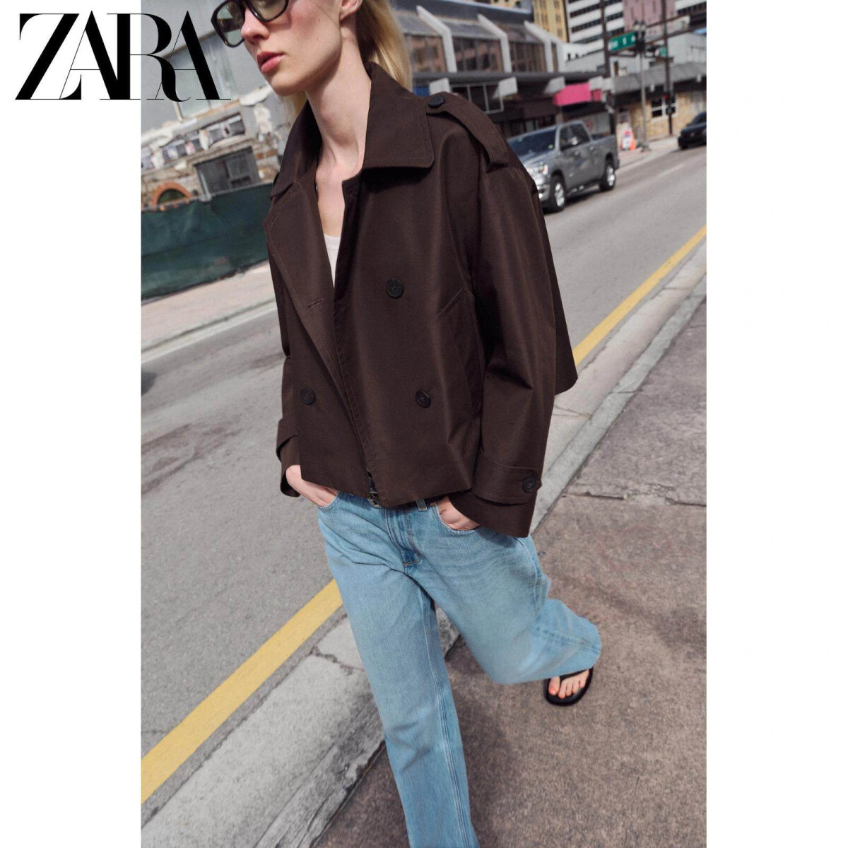 ZARA женский короткий тренч с длинным рукавом и отложным воротником картинка