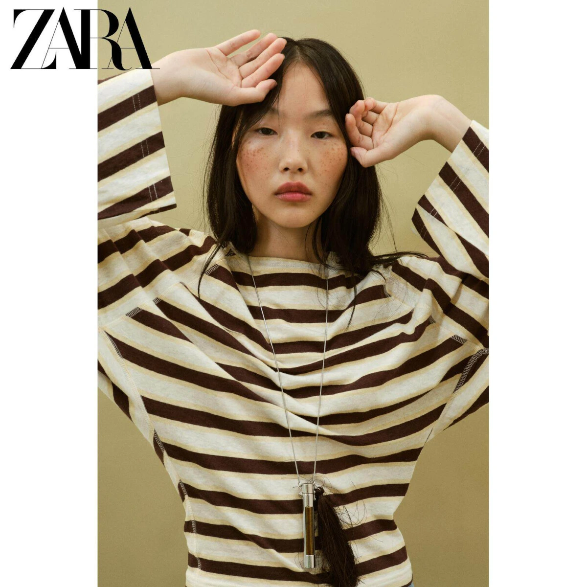 ZARA женская футболка длинный рукав хлопок-лен полосатая картинка