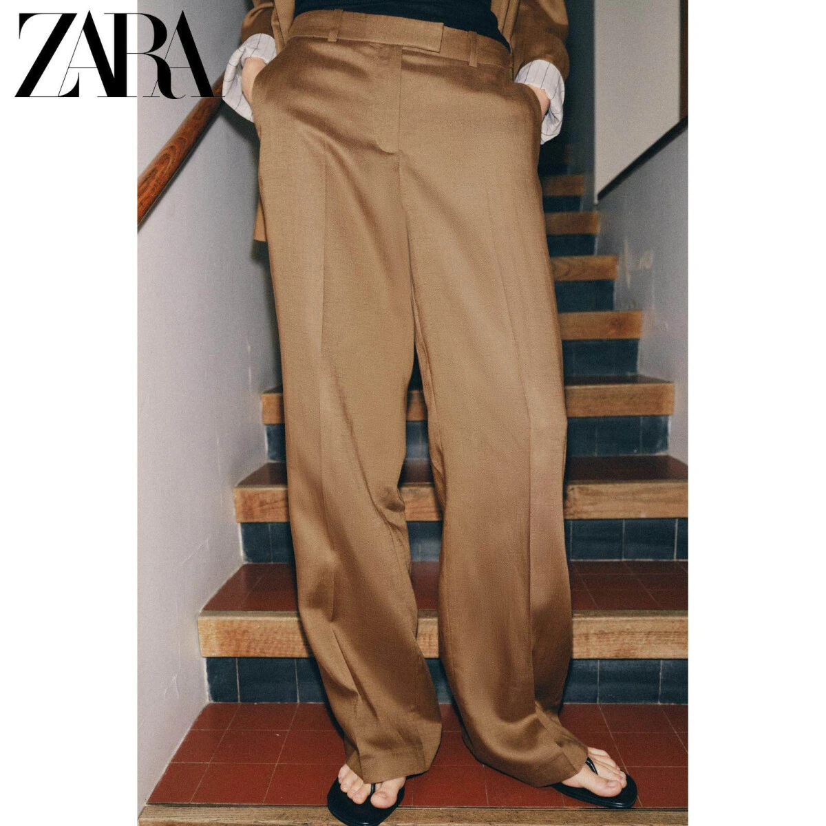 ZARA женские прямые брюки средней посадки льняные 2026 весна-лето картинка