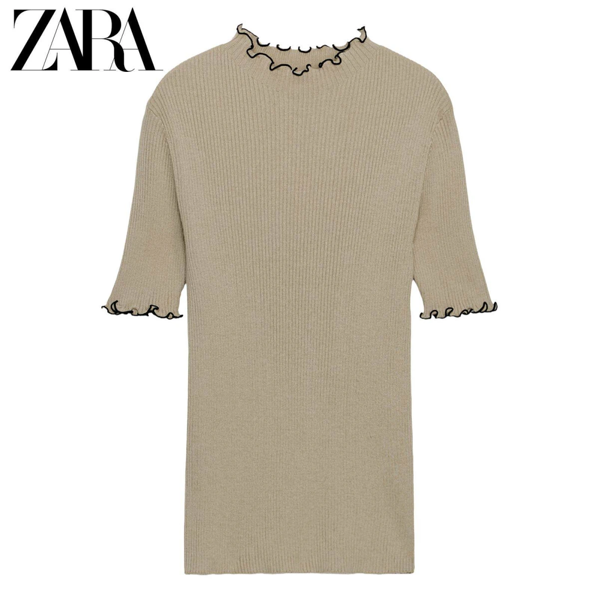 ZARA женский вязаный топ однотонный с круглым вырезом бежевый картинка