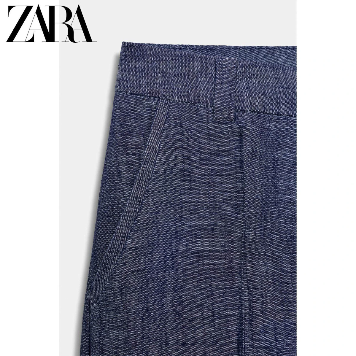 ZARA женские широкие брюки с высокой талией из вискозы и льна синие картинка