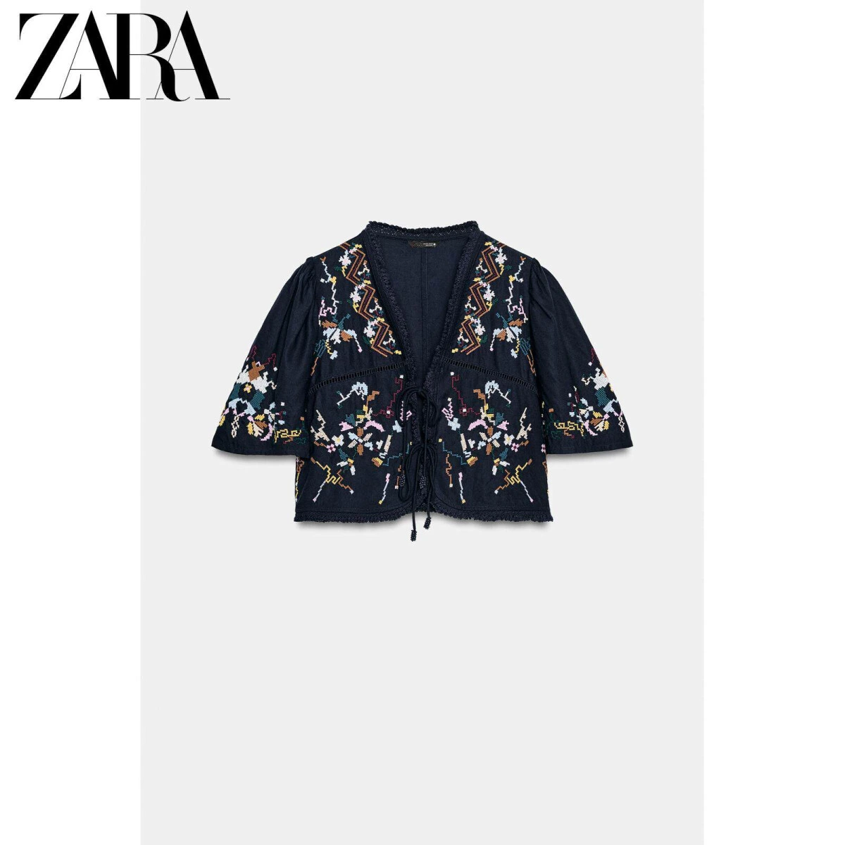 ZARA женская рубашка с V-вырезом и цветочной вышивкой из лайоселя картинка