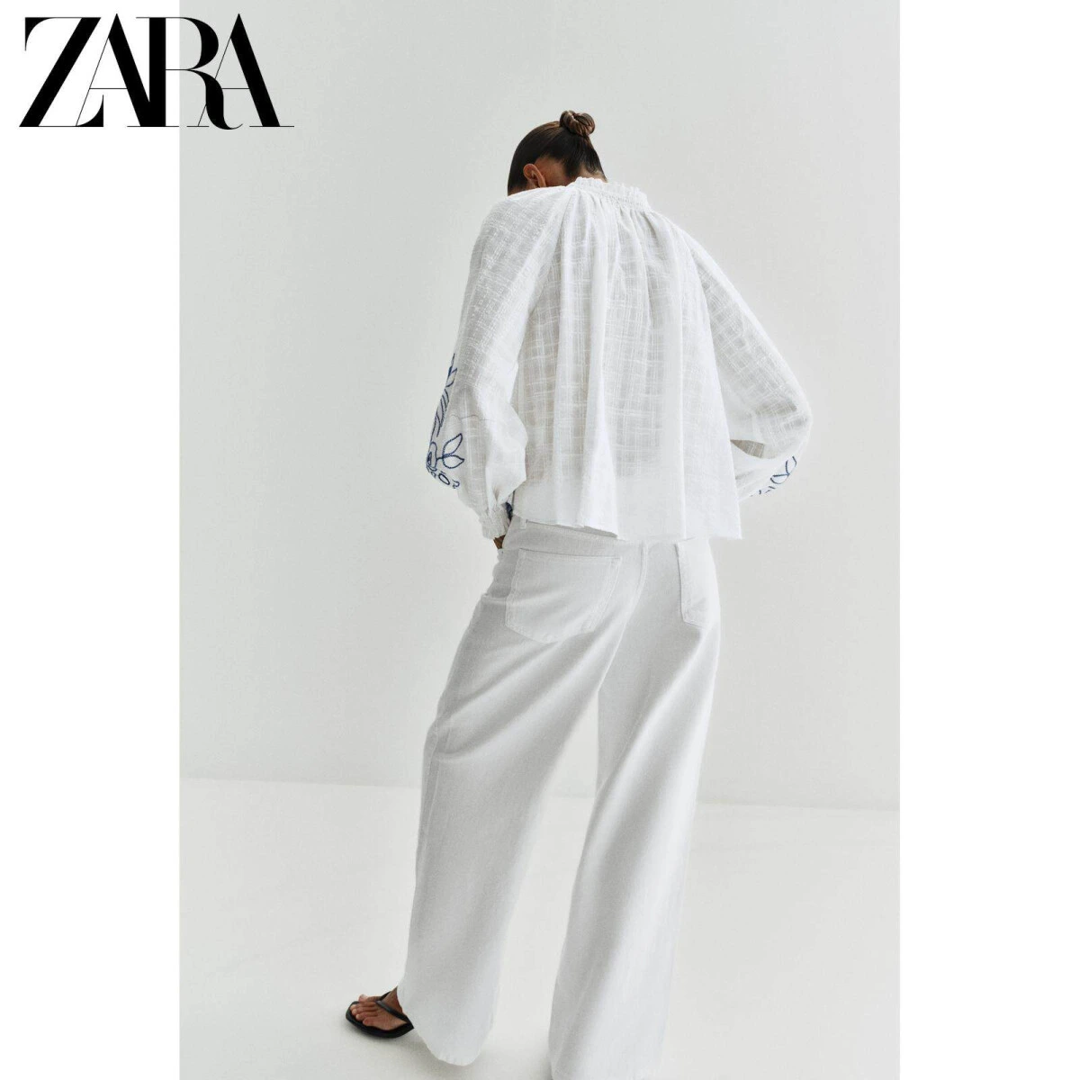 ZARA женская блузка с цветочным принтом длинные рукава круглый вырез картинка