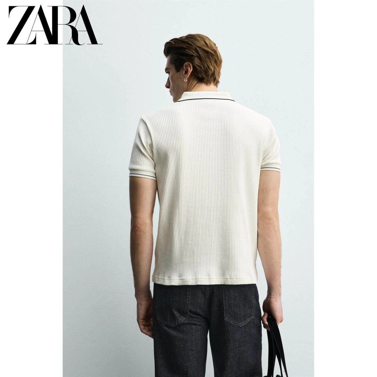 ZARA мужская рифленая футболка-поло из хлопка с эластаном картинка