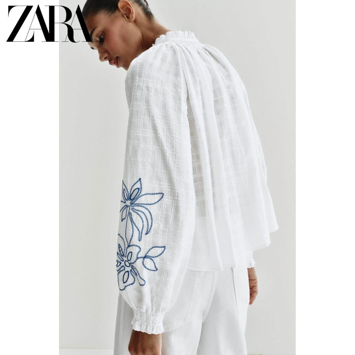 ZARA женская блузка с цветочным принтом длинные рукава круглый вырез картинка