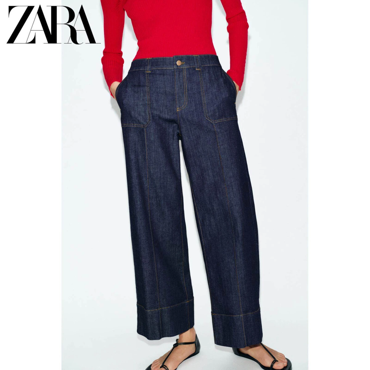 ZARA Z1975 женские средние свободные джинсы широкие с хлопком и эластаном картинка