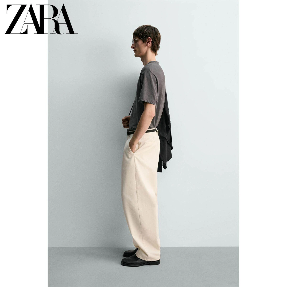 ZARA мужские футболки свободного кроя из хлопка и льна в сером цвете картинка