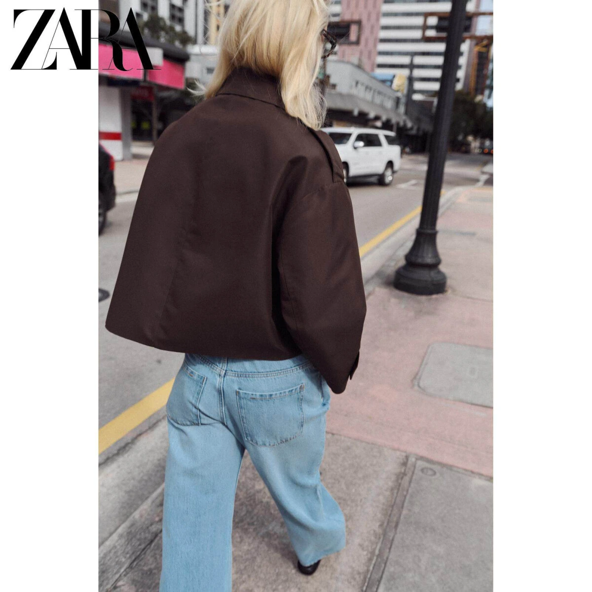 ZARA женский короткий тренч с длинным рукавом и отложным воротником картинка