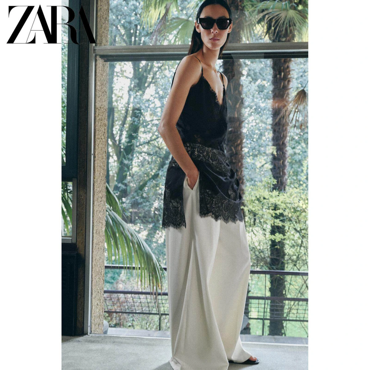 ZARA женский длинный топ на бретелях с V-вырезом и леяром черный картинка