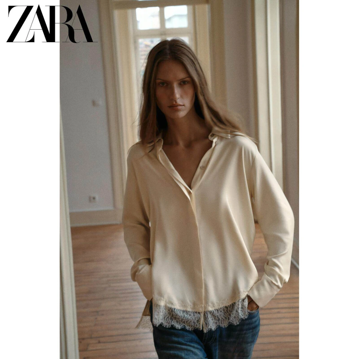 ZARA женская рубашка с кружевной отделкой сатиновая белая картинка