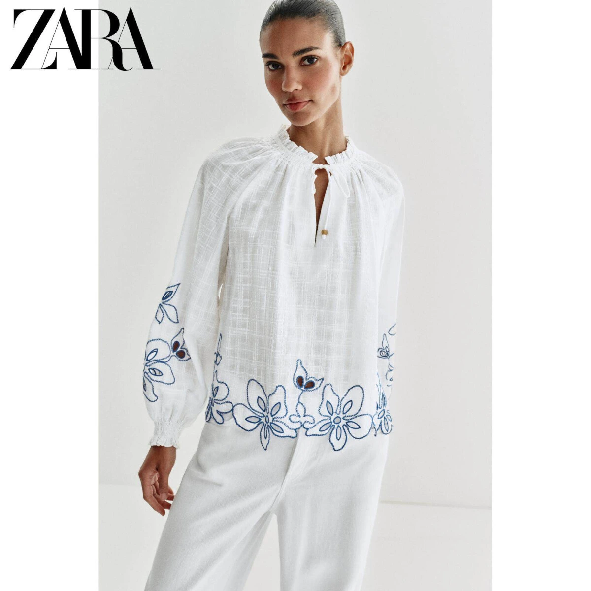 ZARA женская блузка с цветочным принтом длинные рукава круглый вырез картинка